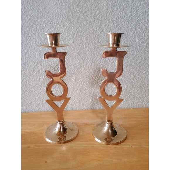 JOY Candle Stick Holders 8" International Silver Company Brass Set Of 2 - Picture 1 of 9